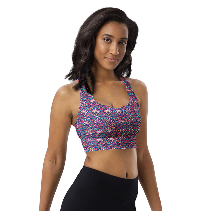 Side angle of IllusionLotus recycled psychedelic sports bra – eco-friendly, sacred geometry design for yoga and rave fashion.
