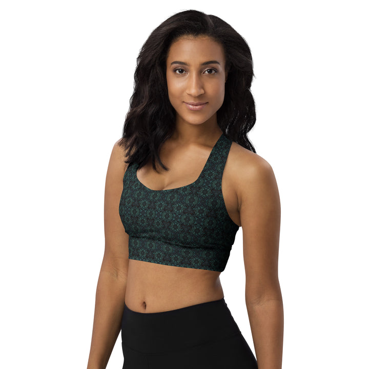 Alternate front view of Lumora recycled sports bra – bold psychedelic sacred geometry for movement and mindful fashion.