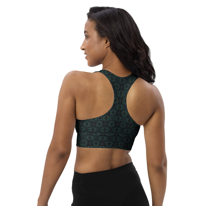 Back view of Lumora longline sports bra – eco-friendly psychedelic activewear with sacred geometry design for yoga and raves.