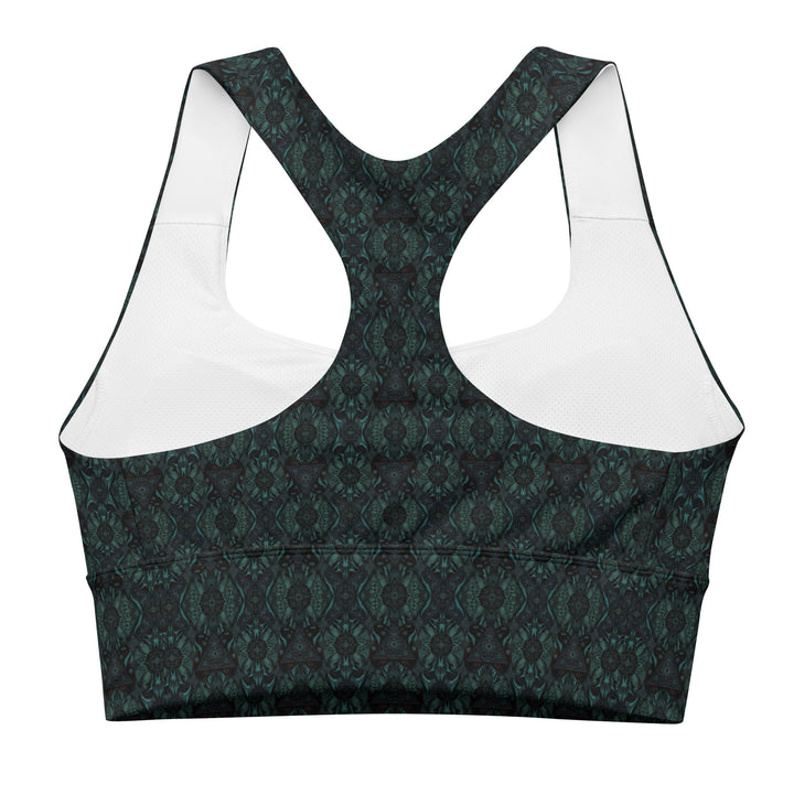 Flat lay back of Lumora eco-conscious sports bra – sustainable sacred geometry design for festivals, raves, and yoga.