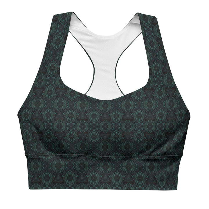 Flat lay front of Lumora sports bra – recycled psychedelic sacred geometry activewear for yoga, fitness, and conscious living.