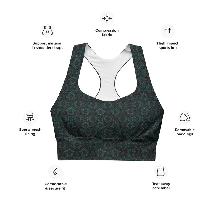Infographic of Lumora sports bra – highlights recycled fabric, support, and sacred geometry psychedelic print.