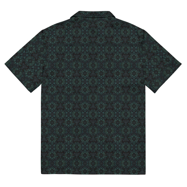 Flat back of Lumora button down shirt – spiritual style with trippy geometric visuals.