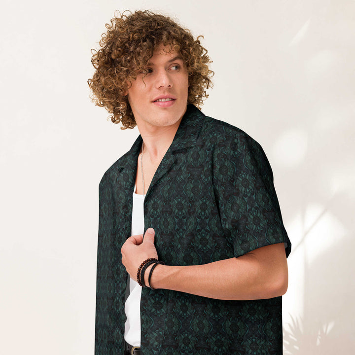 Model wearing Lumora shirt – psychedelic visionary fashion for conscious festivals and art lovers.
