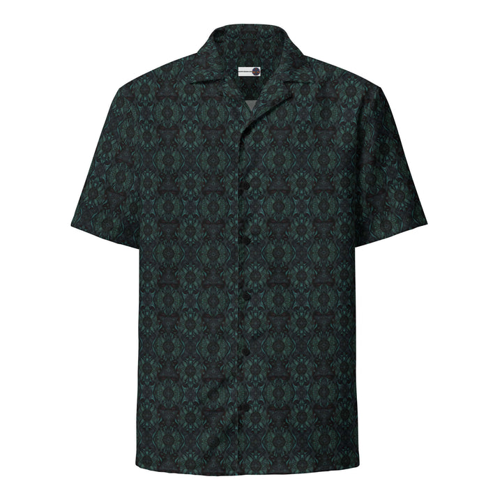 Front view of Lumora button down shirt – radiant sacred geometry for psychedelic festival wear.