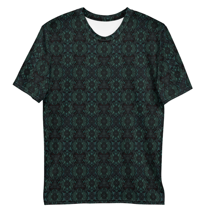Flat lay front of Lumora t-shirt – fractal and sacred geometry blend for elevated festival aesthetics and EDM style.