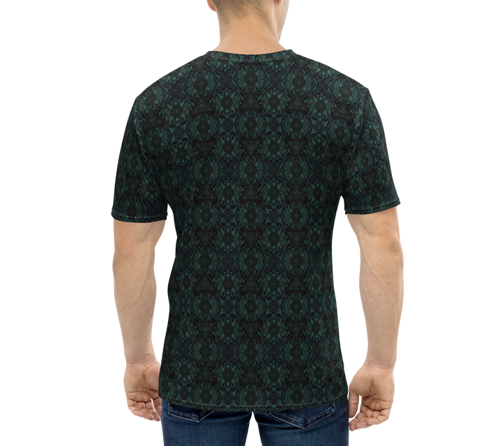 Model back view in Lumora tee – visionary geometric art shirt for Burning Man, rave, and transformational festivals.