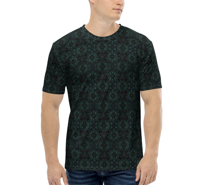 Model wearing Lumora psychedelic t-shirt – bold sacred geometry design for psytrance culture and conscious clothing lovers.