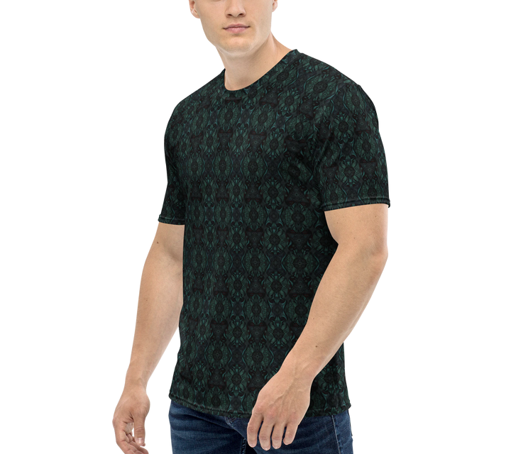  Left angle view of Lumora t-shirt – geometric psychedelic design ideal for artistic souls and boho rave wear.