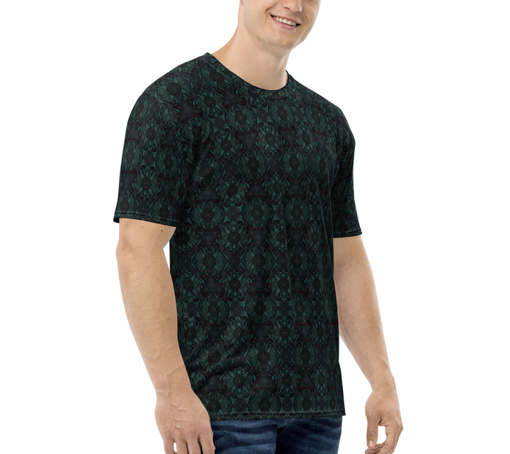 Side profile of Lumora t-shirt on model – trippy sacred geometry perfect for spiritual expression and alternative fashion.