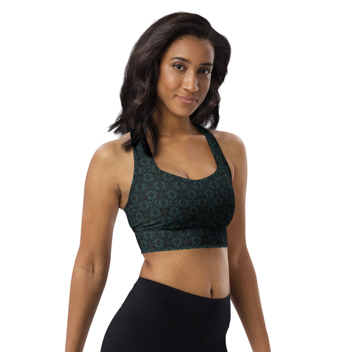 Side view of Lumora sports bra – psychedelic sacred geometry meets eco-conscious design for yoga, rave, and active lifestyles.