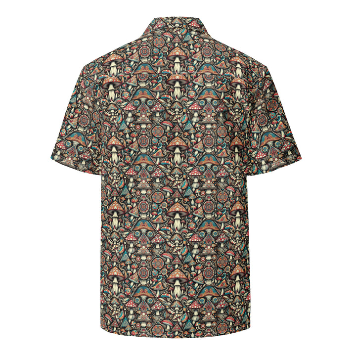 Back view of GeoMush button down shirt – sacred geometric patterns with mushroom-inspired psychedelic art.