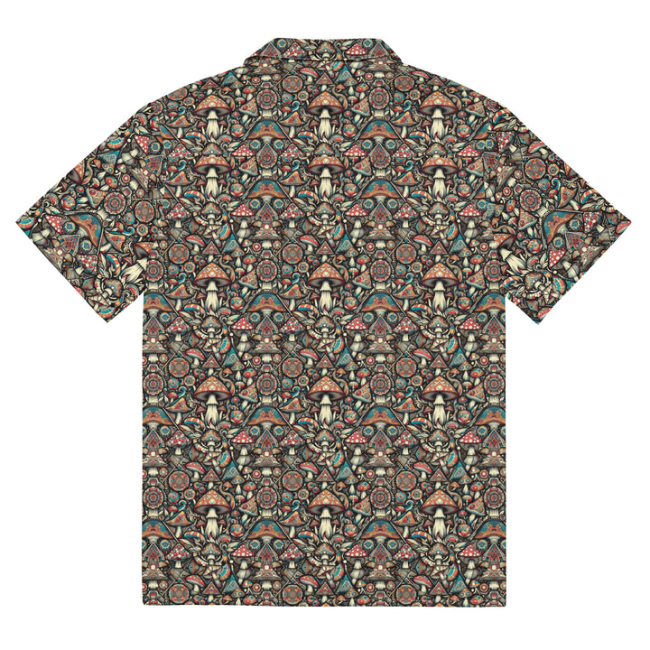 Flat lay back view of GeoMush – trippy sacred mushroom design perfect for festivals, burners, and ravers.