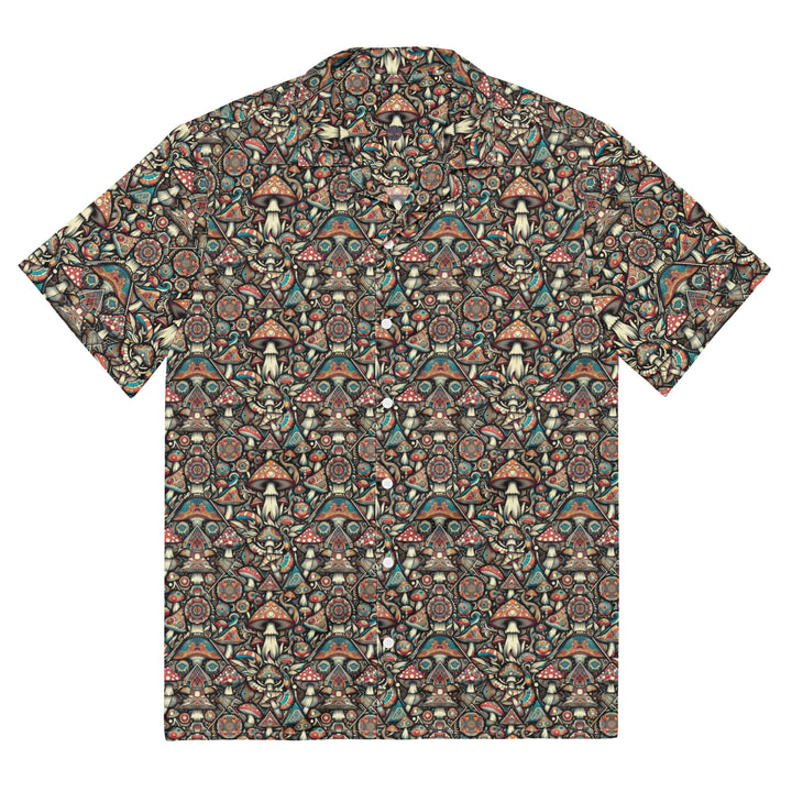 Flat lay front of GeoMush shirt – sacred geometry meets psychedelic mushroom style for conscious streetwear.