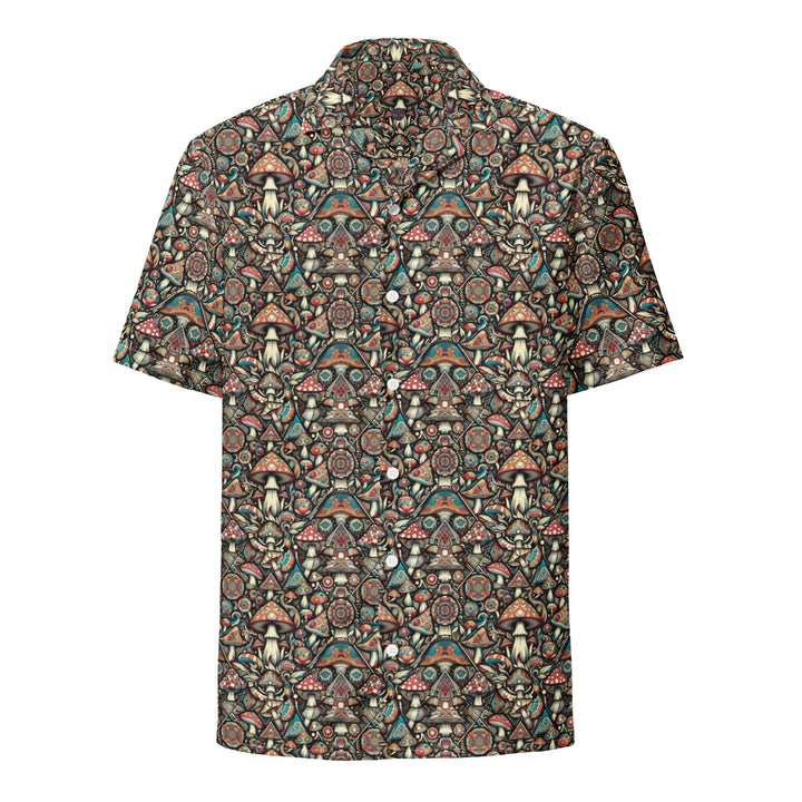 Front view of GeoMush psychedelic button down shirt – fusion of sacred geometry and mushroom art for visionary fashion.