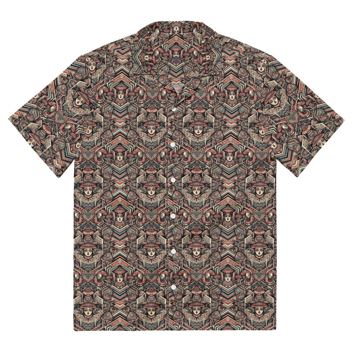 Flat lay front of GeoTribe button down shirt – vibrant tribal sacred geometry pattern for festival style.
