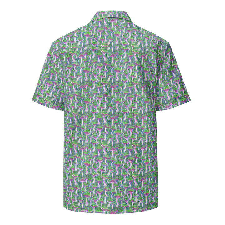 Back view of green MushTrip shirt – visionary mushroom patterns with sacred geometry.