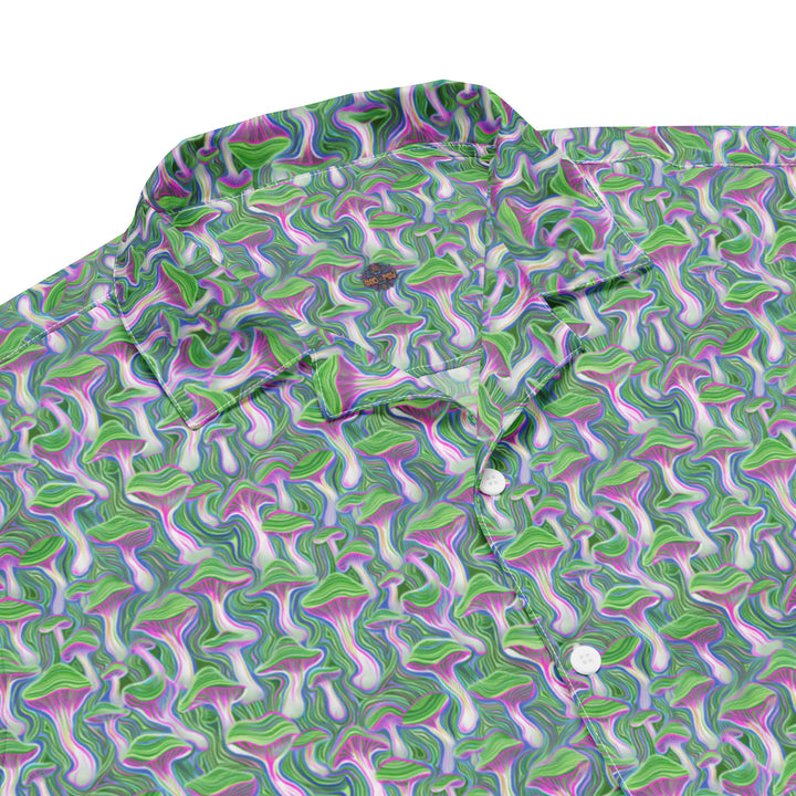 Close-up of collar and pattern on MushTrip green shirt – trippy mushroom design with fractal symmetry.