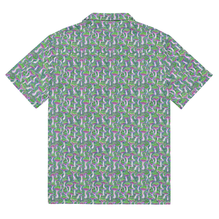 Flat back of MushTrip green button down shirt – trippy design ideal for burners, ravers, and seekers.