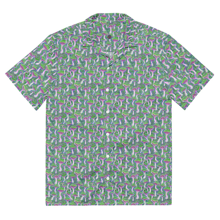 Flat lay front of MushTrip green psychedelic shirt – mushroom vision meets sacred geometry fashion.