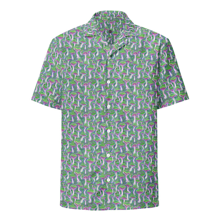 Front view of MushTrip green psychedelic button down shirt – mushroom art with sacred geometry for rave and festival wear.