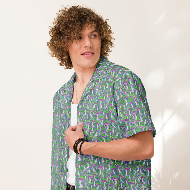 Model in MushTrip green button down shirt – fusion of sacred geometry and mushroom art for visionary festival style.