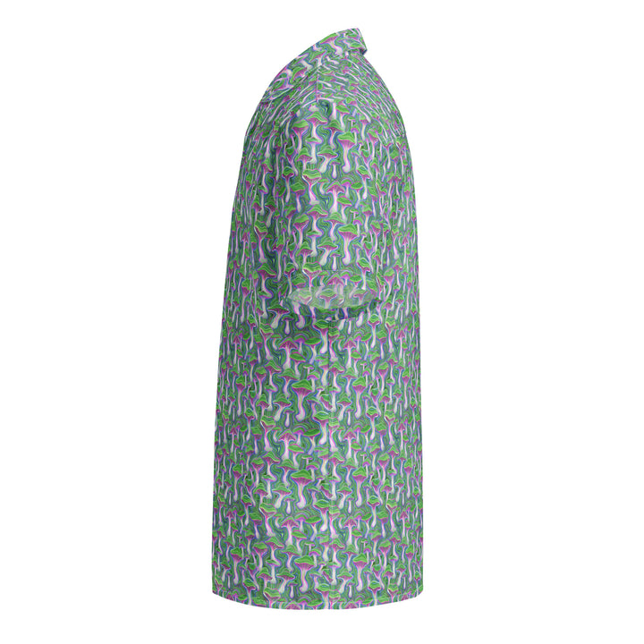 Left side view of MushTrip green shirt – perfect for spiritual streetwear and music festivals.