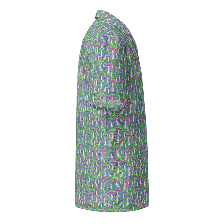 Right profile of MushTrip green button down – psychedelic mushroom flow and sacred geometric energy.
