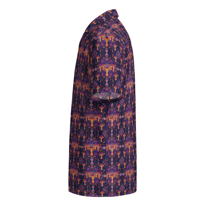 Flat back view of Mushdalla button down – bold sacred fungi design for the psychedelic scene.
