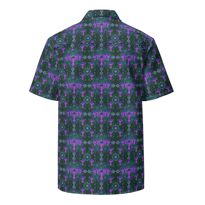 Back view of Mushdalla shirt – visionary design blending mandala art and psychedelic fungi.