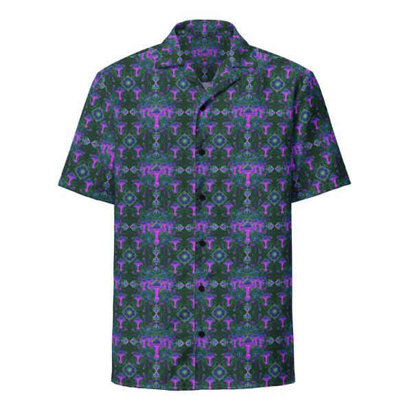 Front view of Mushdalla button down shirt – fusion of psychedelic mushrooms and sacred mandala geometry.