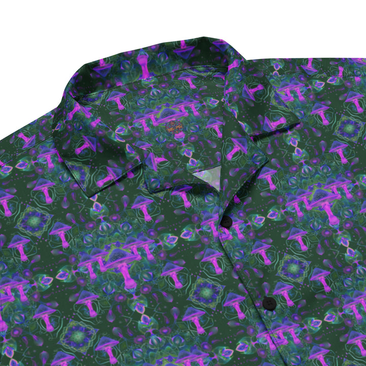 Collar close-up of Mushdalla shirt – trippy mushroom mandala patterns with spiritual symmetry.