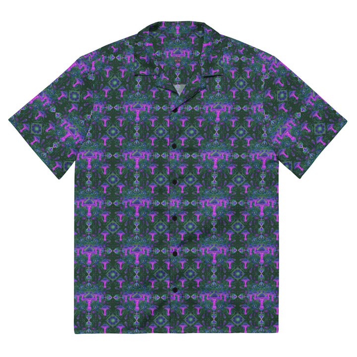 Flat front view of Mushdalla shirt – geometric mushroom designs for psychedelic party fashion.