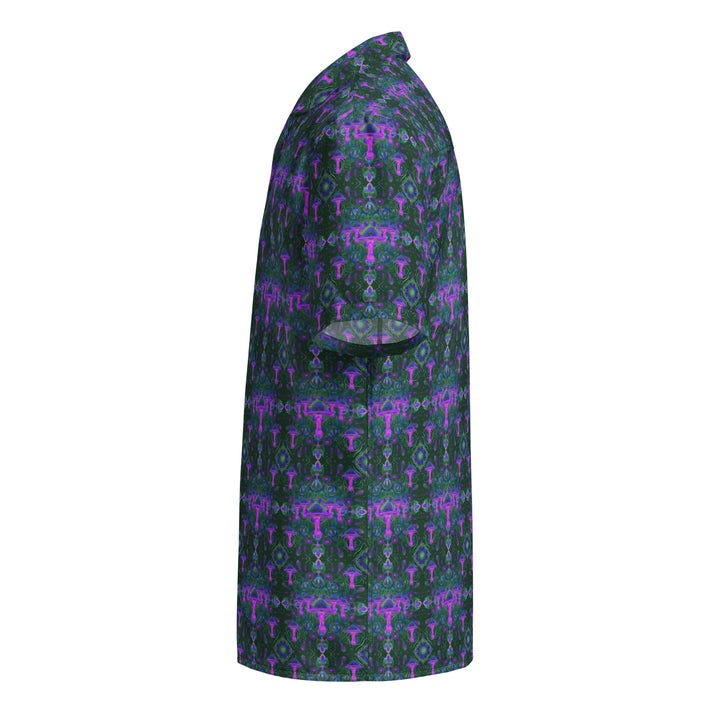 Left angle of Mushdalla shirt – vibrant mushroom mandalas for spiritual streetwear lovers.