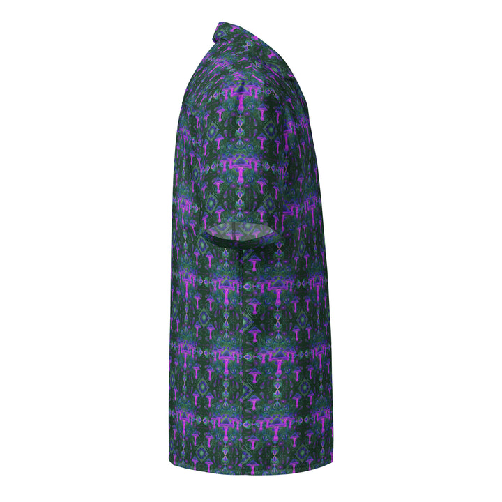 Side profile of Mushdalla shirt – colorful sacred mushroom geometry for festivals and raves.