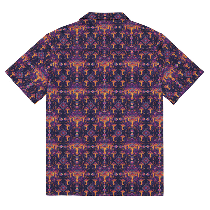Left profile of Mushdalla shirt – flowing mushroom-inspired mandalas for music lovers.