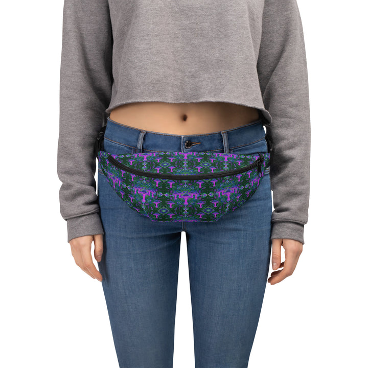 Model wearing Mushdalla waistbag – psychedelic festival-ready accessory for ravers and visionary fashion fans
