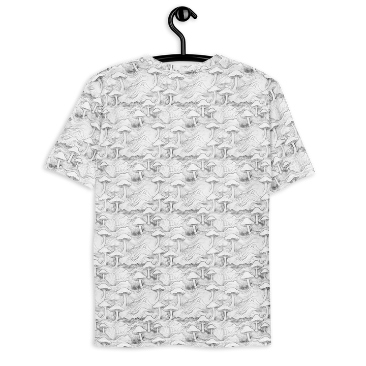 Back hanging view of MushForest tee – enchanted forest vibes with mushrooms and sacred psychedelic art.