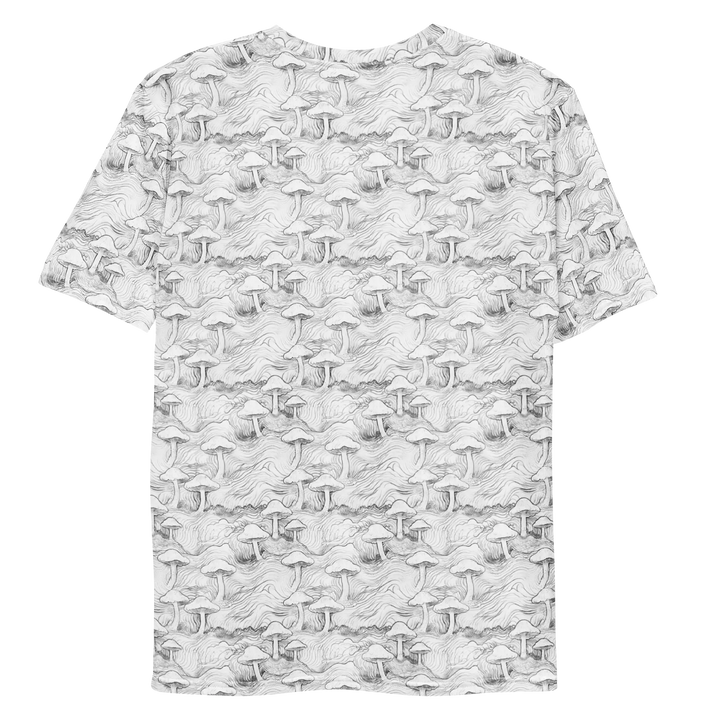 Flat back view of MushForest psychedelic t-shirt – visionary mushroom forest art with sacred patterns.
