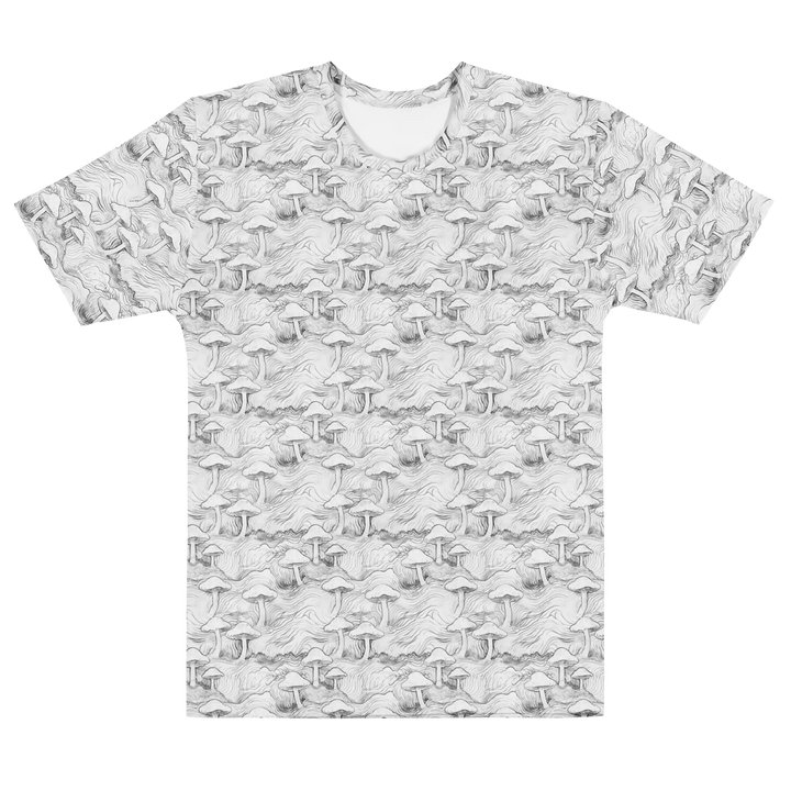 Alternate front flat of MushForest tee – spiritual mushroom forest vibes in sacred geometric form.