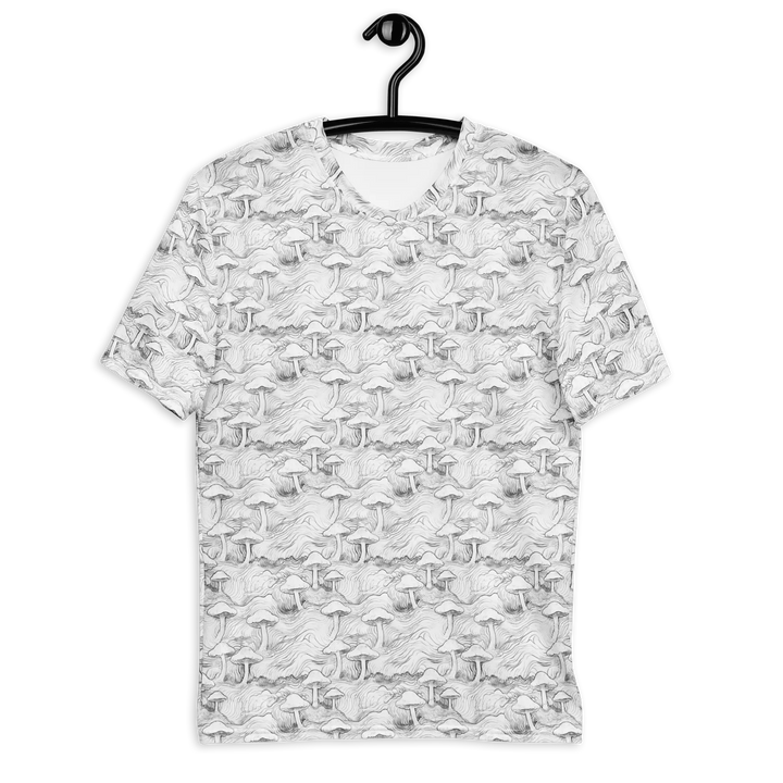 Front view of MushForest psychedelic t-shirt – mystical mushroom forest design for festival and visionary fashion.