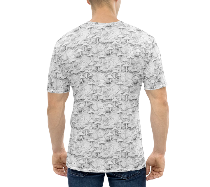 Back of MushForest t-shirt on model – sacred geometry and mushroom forest fusion for psychedelic wear.