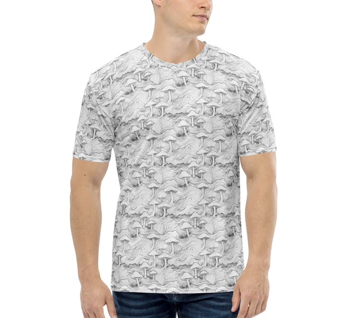 Model front view in MushForest shirt – psychedelic mushroom forest for spiritual seekers and rave culture.