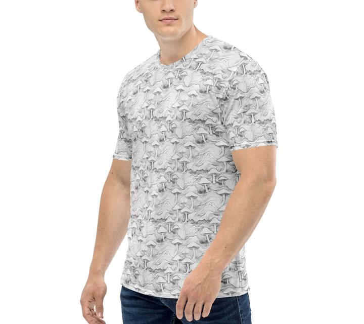 Left side of MushForest psychedelic tee – detailed mushroom forest with sacred geometry for trippy aesthetics.