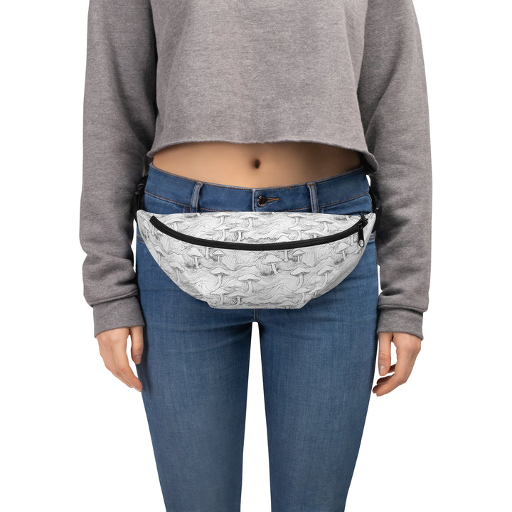 Model wearing Mushforest psychedelic waistbag – vibrant style for raves, festivals, and outdoor adventures