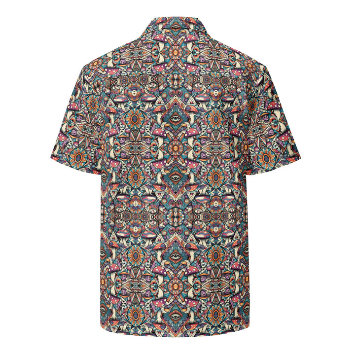 Back view of MushTribe shirt – psychedelic tribal mushroom art for visionary expression.