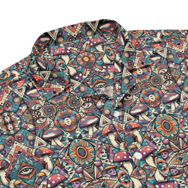 Collar close-up of MushTribe shirt – intricate mushroom tribe patterns with spiritual geometric flow.