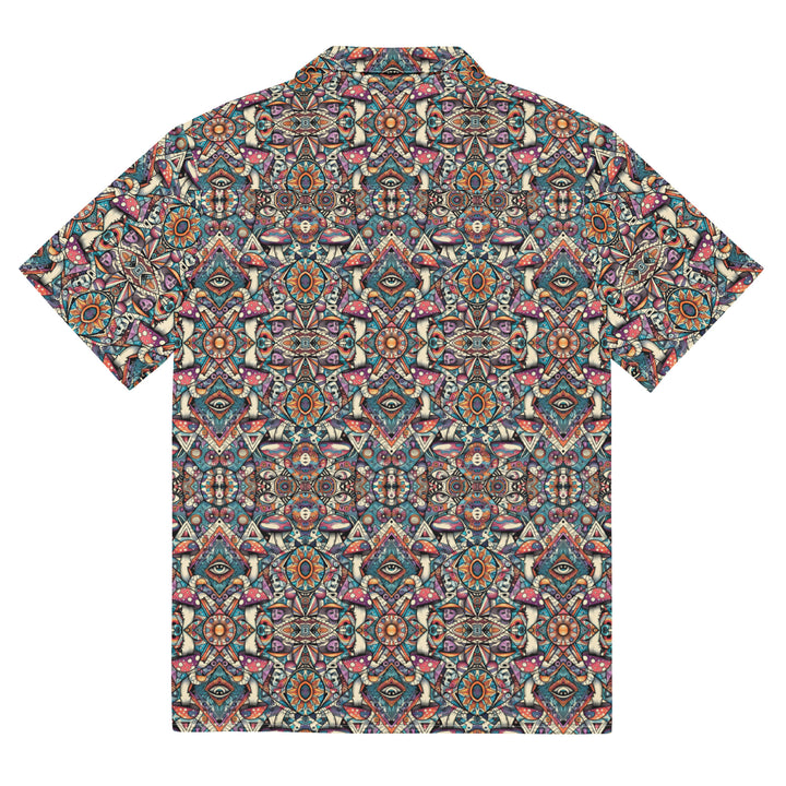 Flat back of MushTribe button down – visionary fusion of mushrooms, tribe, and sacred patterns.