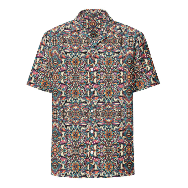Front view of MushTribe psychedelic button down shirt – tribal mushroom design with sacred geometry for festival wear.