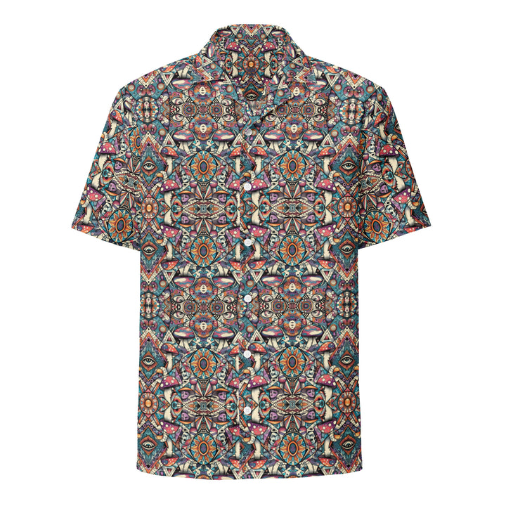 Front view of MushTribe psychedelic button down shirt – tribal mushroom design with sacred geometry for festival wear.